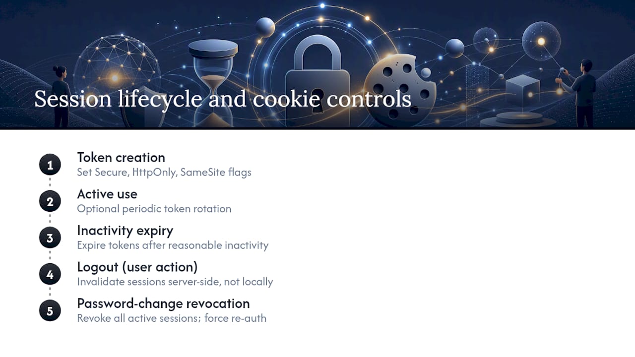 Session token lifecycle and cookie controls