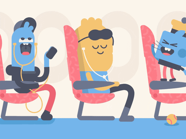 Illustration of character sitting on airplane chair listening to music.