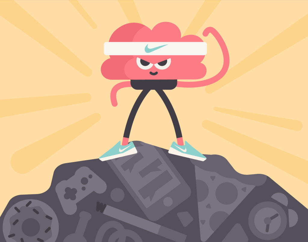 Headspace illustration - a brain-shaped character with a nike headband on