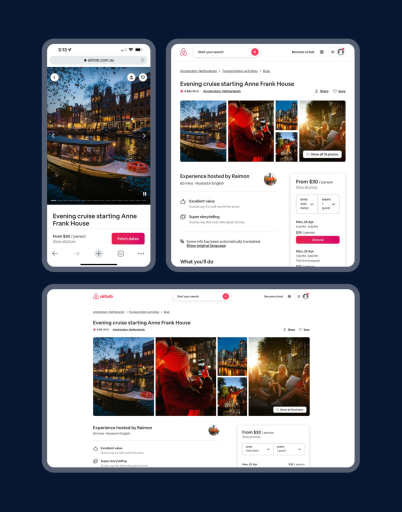 Screenshots on mobile, tablet and desktop of Airbnb's 'experience' page, this one displaying an Evening cruise in Amsterdam in the canals