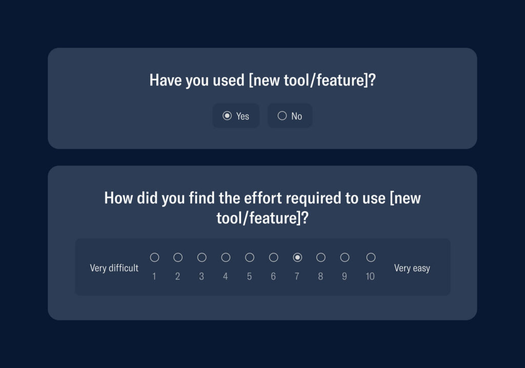 Some example questions.

1. Have you used (new tool/feature)? Yes/No
2. How did you find the effort required to use (new tool/feature) - 1-10 Very difficult to very easy