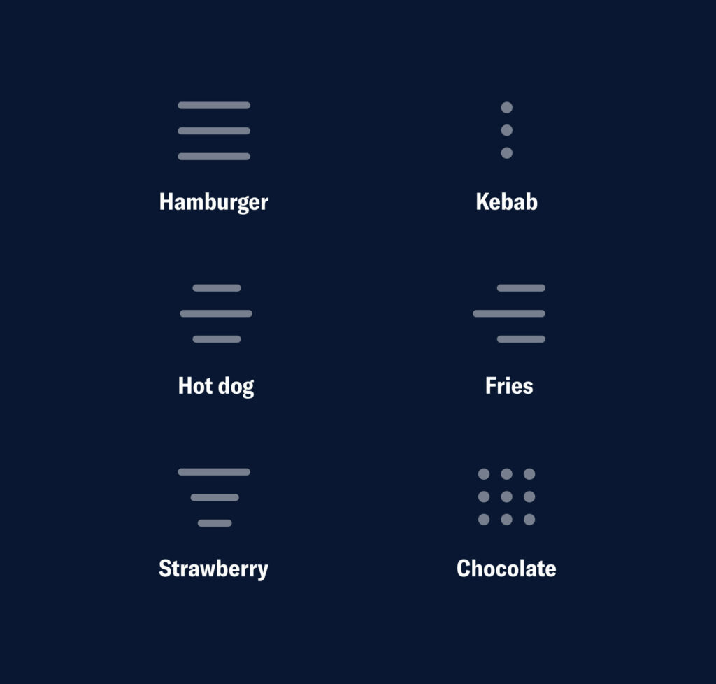 Six different navigation designs - hamburger, kebab, hot dog, fries, strawberry and chocolate.