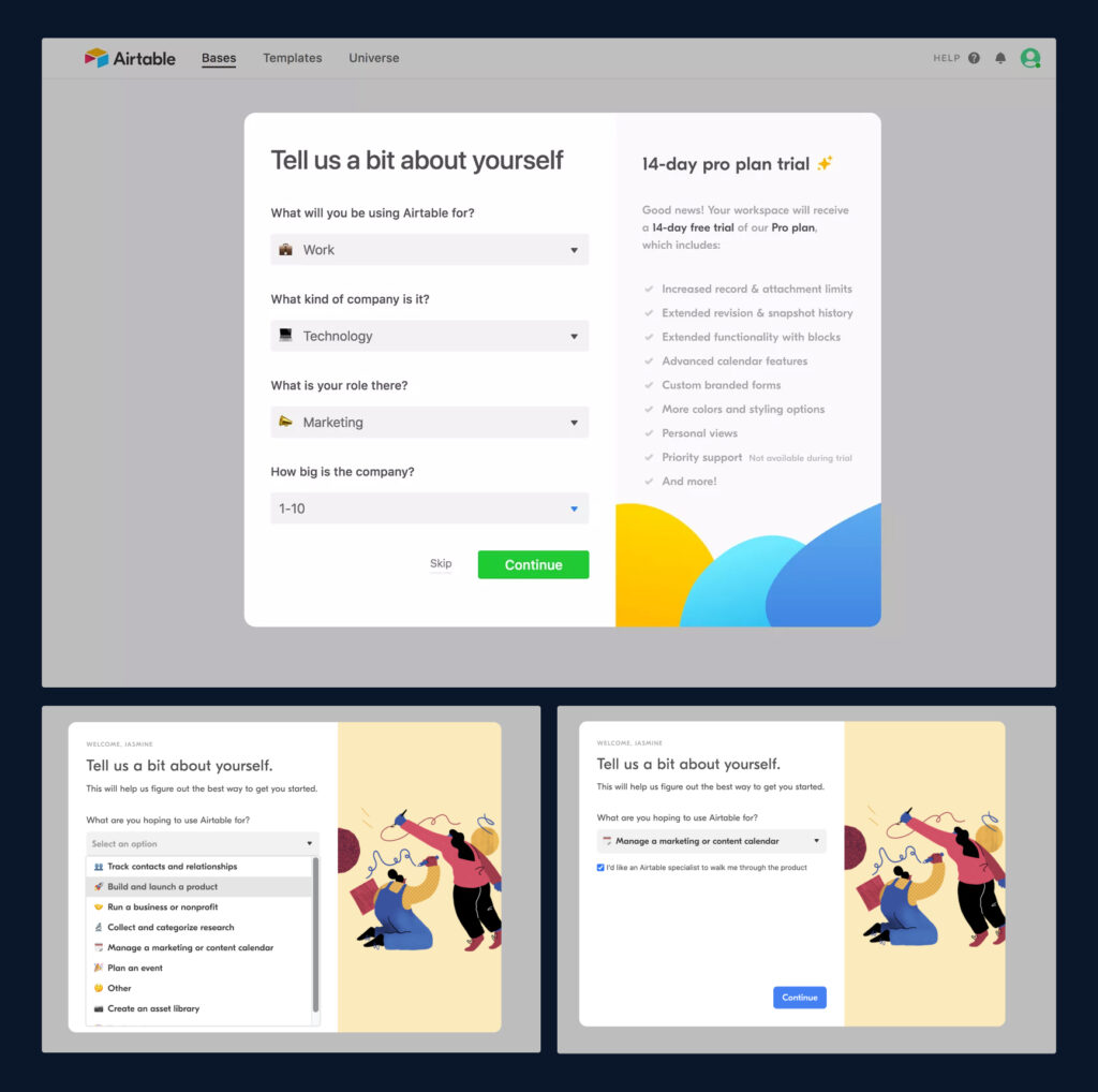 Airtable's onboarding process, where they ask the user to tell them a bit about what they'll use it for, what their role is, and info about the company