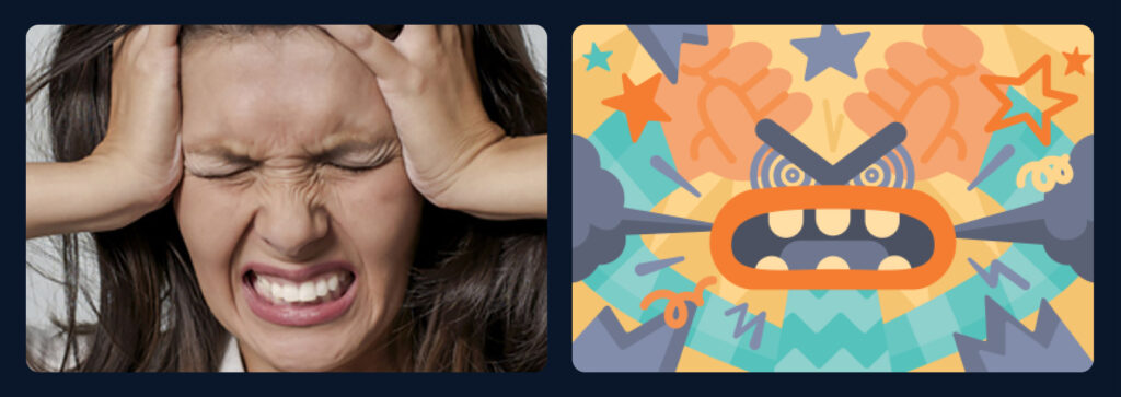 Two images of anger. Left: woman scrunching face up in anger. Right: Headspace illustration of anger