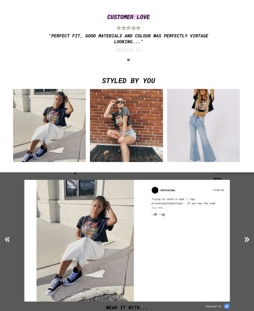 Screenshots from Princess Polly's website. They show reviews made by customers for one of their Thrills Graphic Tees, and some social images of customers wearing and styling the item of clothing.