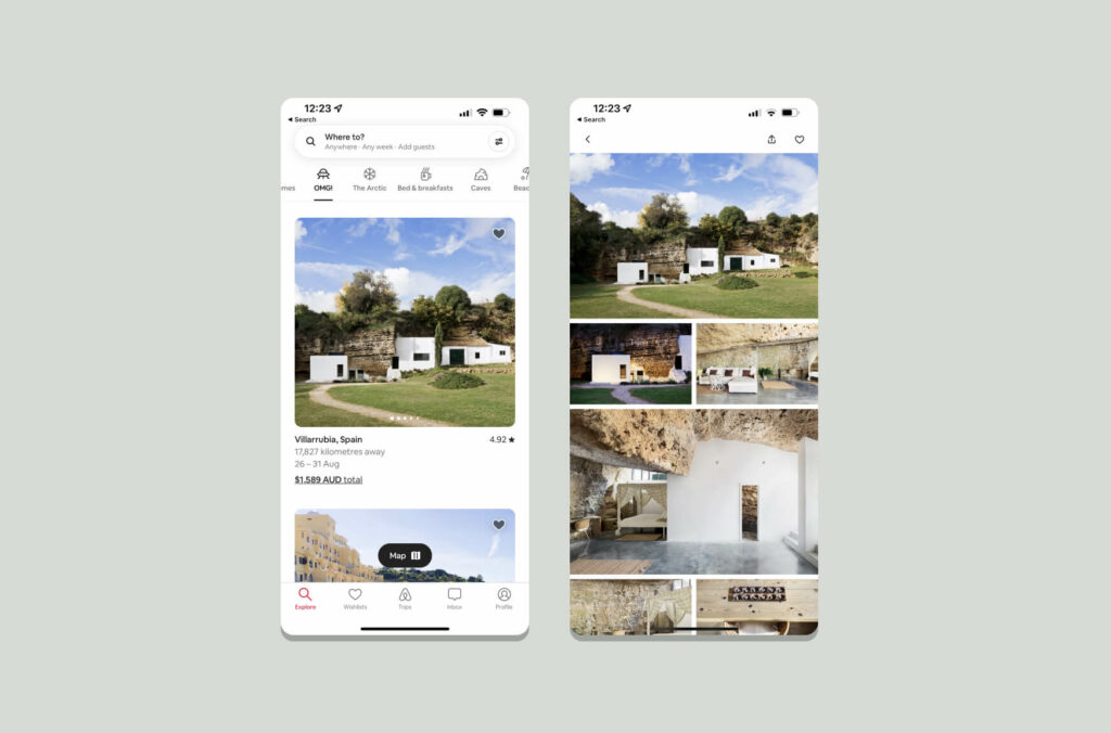 Screenshots of Airbnb's OMG category, displaying a villa in Spain that is built into a rock formation.