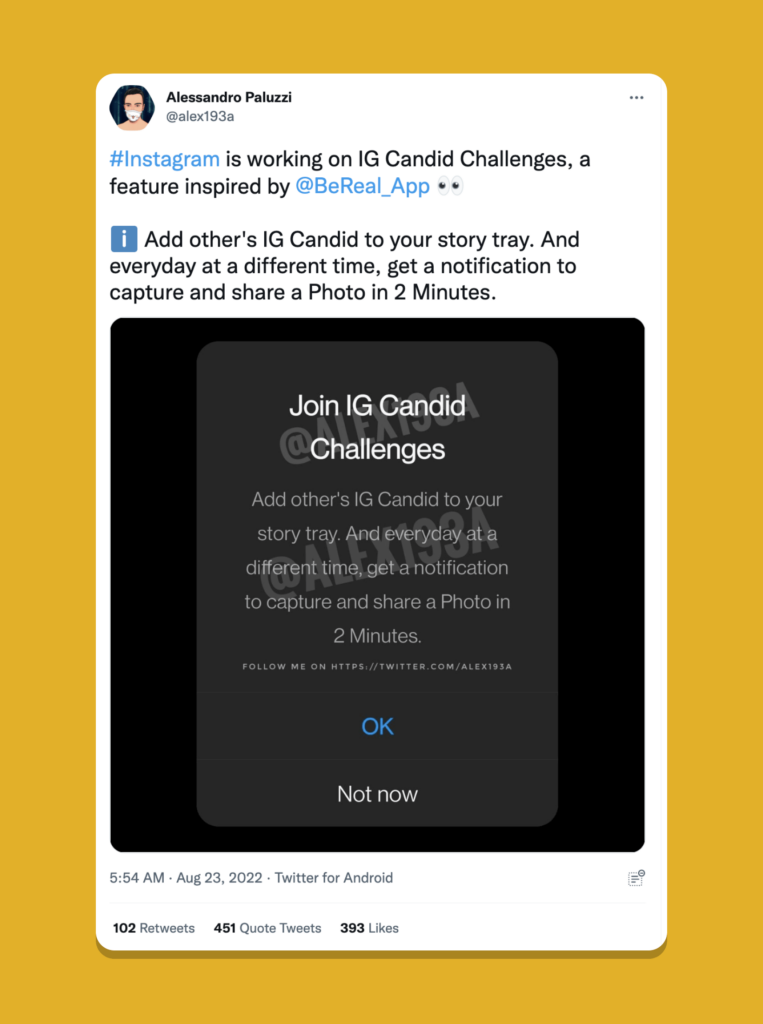 Screenshot of a tweet from Alessandro Paluzzi stating that Instagram was trialling out "IG Candid Challenges, a feature inspired by the BeReal App"