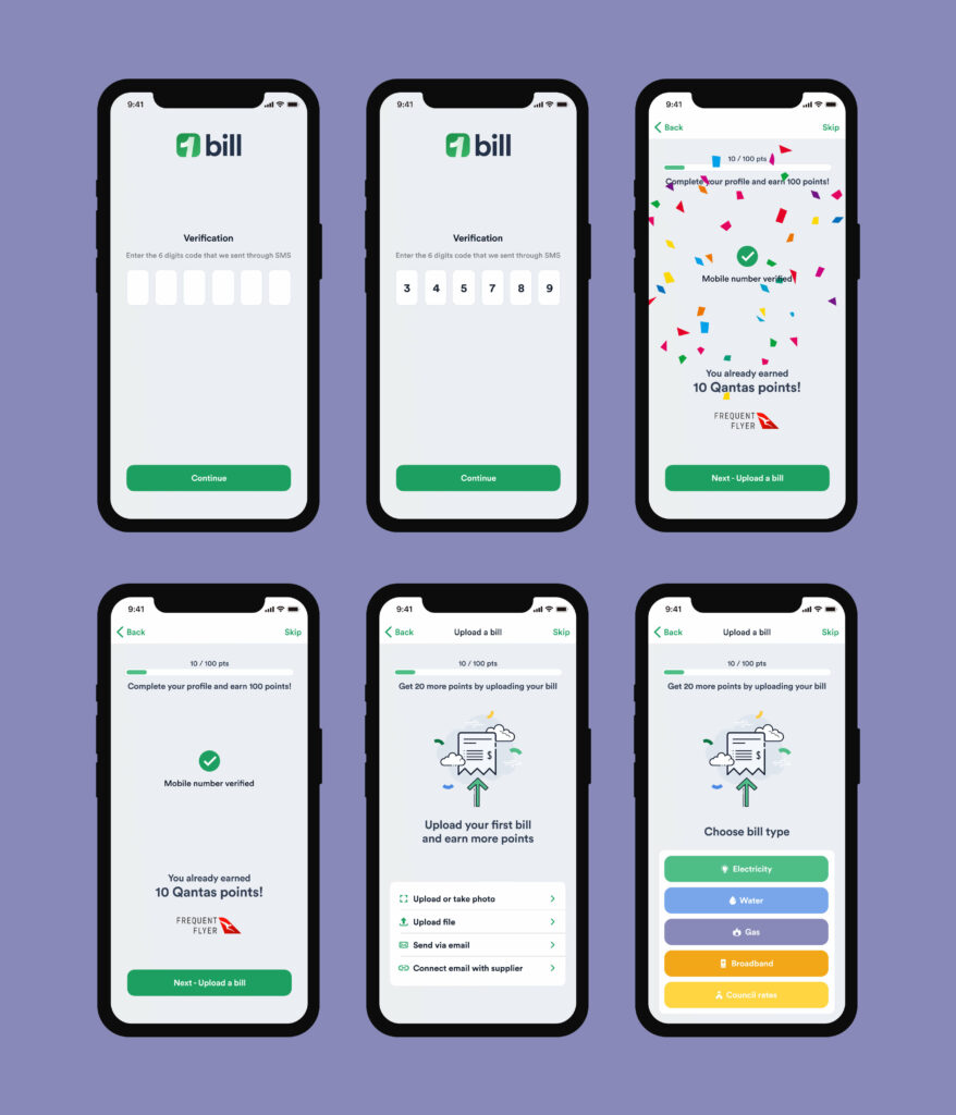 1bill's onboarding - encouraging the user to verify their mobile number and upload bills to win Qantas points - when points are rewarded, confetti fills the page in celebration