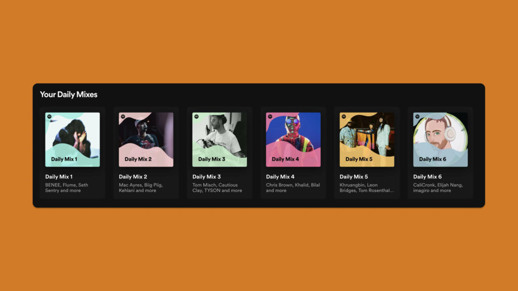 A screenshot of a variety of daily mixes from 1 to 6