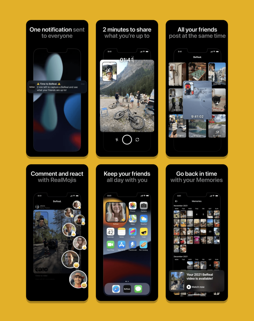 Screenshots of BeReal's app store marketing images, exploring their dark, minimal interface.