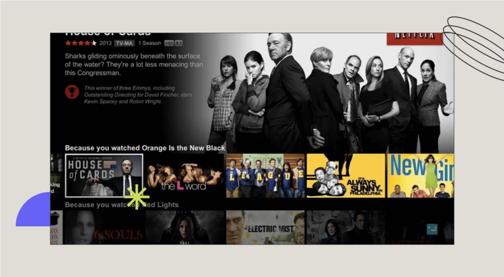 Screenshot from Netflix's interface, showing how data analytics brings up suggestions in the 'because you watched' section.
in this case it is suggesting House of Cards because the user watched 'Orange is the New Black'