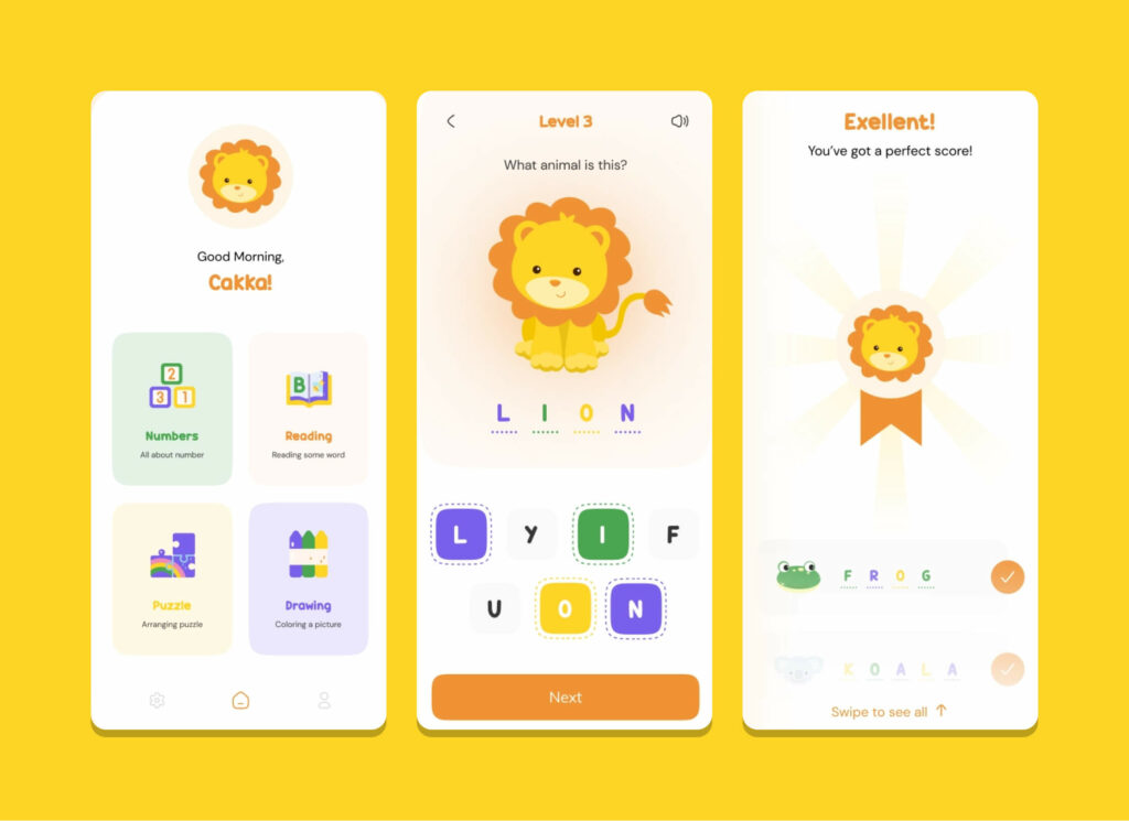 Three screens of a design, where a child is prompted to spell out "LION"
Once guessing correctly, they are given a celebratory screen with a badge, saying “Excellent! You’ve got a perfect score!”