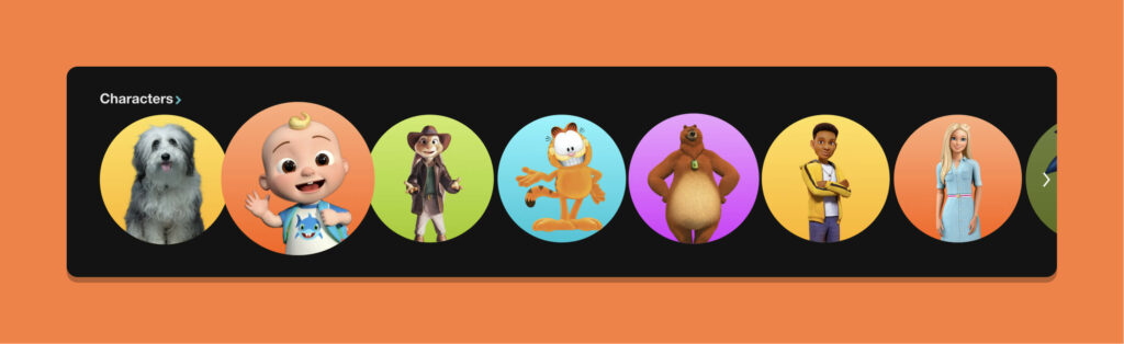 Netflix's 'Characters' section, with layered circular frames of different characters, including Garfield and Barbie.