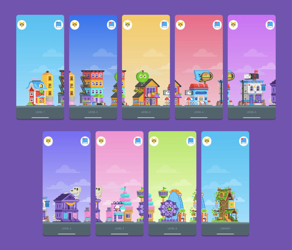 Nine screenshots of the different buildings (or levels) within Duolingo ABC. We have:
- Level 1, which is a small, multicoloured house in blue, red, yellow, and pink with a light blue sky behind
- Level 2, which is a 4-storey apartment block with ladders along the side, with a dark blue sky behind
- Level 3, which is a fruit and veg shop with a yellow sky behind
- Level 4, which is a red and blue burger shop with a red sky behind
- Level 5, which is a post office with a big mail box placed on the top, a purple sky behind
- Level 6, a purple museum with a dinosaur skeleton wrapped around it and a purple sky 
- Level 7, an ice cream shop in pink and blue shaped like an ice cream cone, with a pink sky
- Level 8, an amusement park with a green sky
- Library, styled like a treehouse with a blue sky