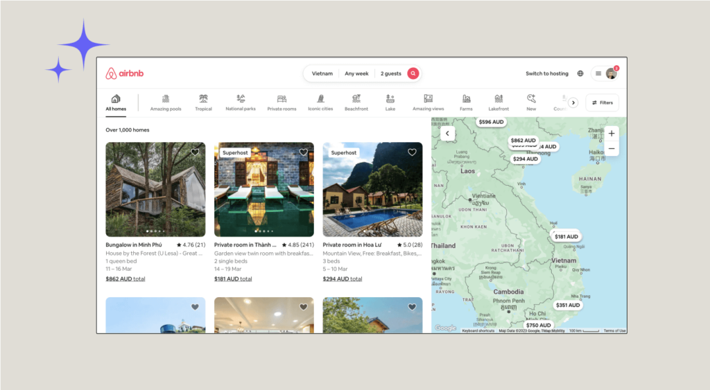 A screenshot from Airbnb's website when searching 'Vietnam' - shows top rated / superhosts first in the search results.