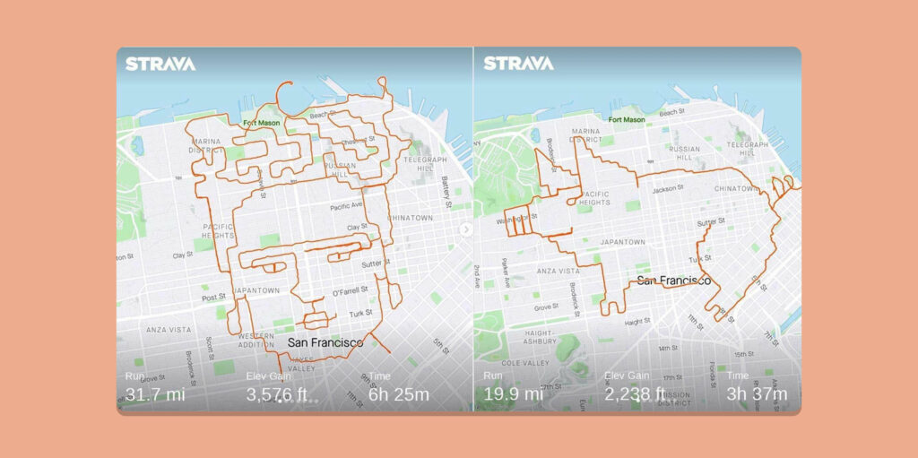 Birds eye view of the routes that uses took with the Strava GPS map, both turning into artworks. The left-hand artwork is of Frida Carlo and the right-hand artwork is of a pig.