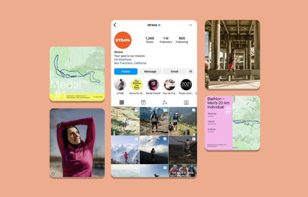 A screenshot of Strava's Instagram page with a few example images of maps supplied and some profiles on individual athletes
