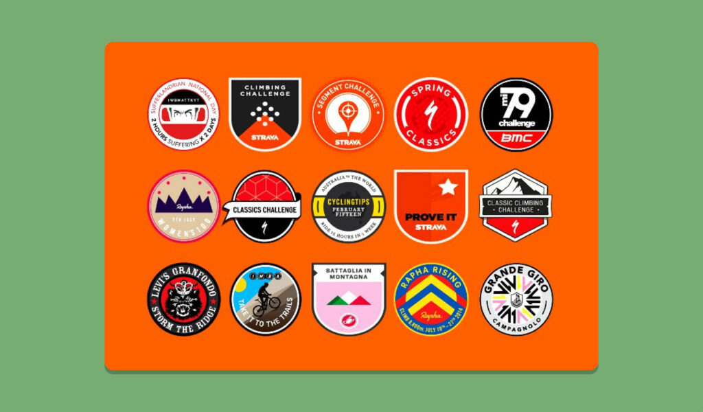 Just some of the badges that Strava provides its users including a classics challenge, segment challenge, and climbing challenge.