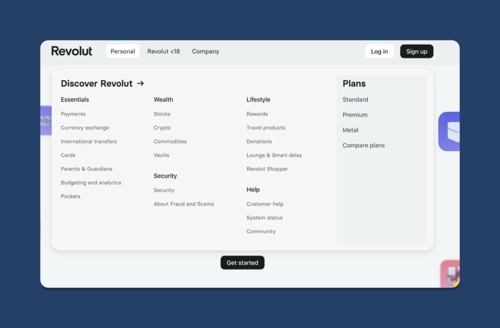 A screenshot of Revolut's navigation IA under their 'personal' tab, which includes  5 categories with multiple subcategories and 4 plans