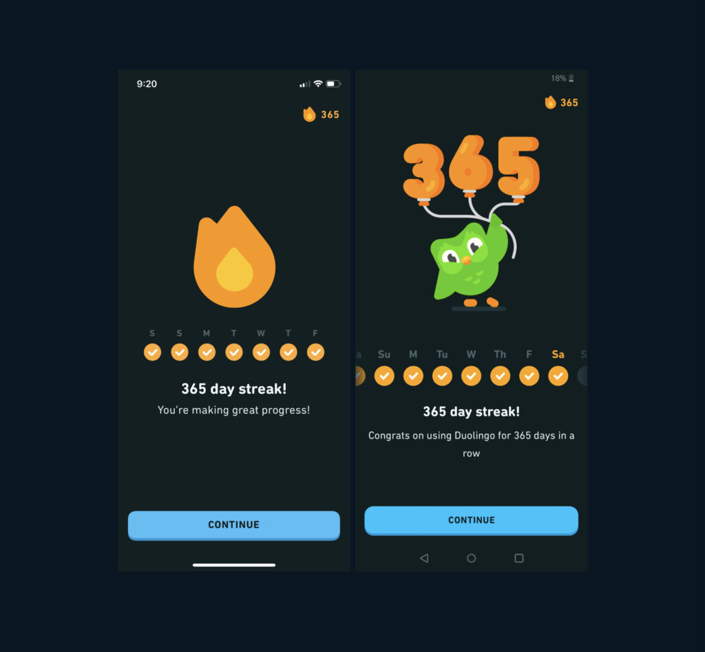 Duolingo screens celebrating a user's 365 day streak.