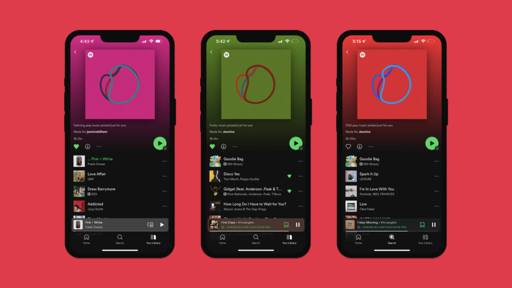 Three screenshots of Spotify is interface with some customised playlists - including calming pop music, funky music and chill pop music picked just for you.