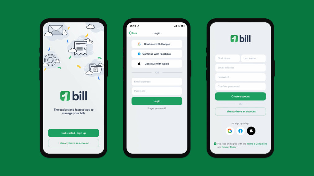 Screenshots of 1bill's sign up flow, with a welcoming page, a log in page and a sign up flow, all with the ability to sign in with google, facebook and apple as well as traditional methods