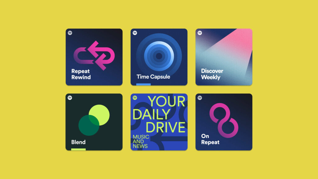 Six tiles detailing some of Spotify's customised playlists including repeat rewind, Time Capsule, Discover weekly, blend, your daily drive, and on repeat