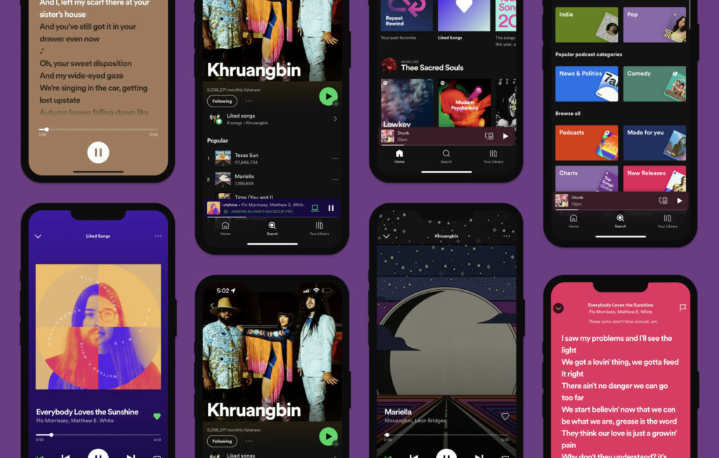 A variety of screenshots of Spotify's interface including their lyrics screens artist profiles home and search pages as well as the singular play screen - all on a purple background.