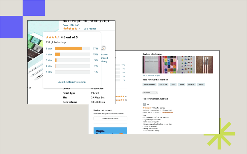 Screenshots on Amazon reviews, showing the bar graph showing how many people rated an item 5,4,3,2 and 1 star.