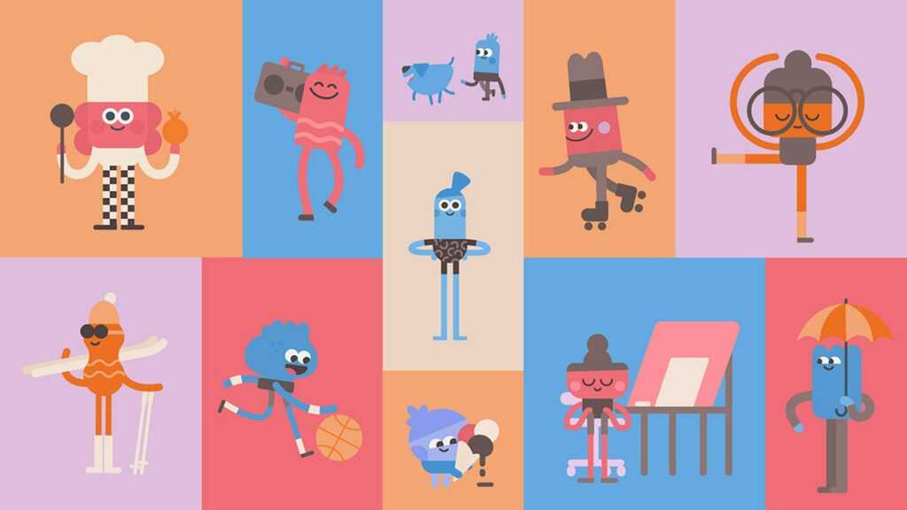 GIF of many different headspace illustrations - chefs, skiiers, basketball player, rollerblader, etc.