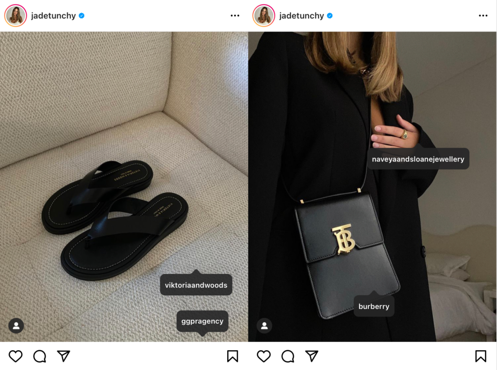 Instagram posts made by influencer Jade Tunchy. An image of some sandals from Viktoria and Woods and a Burberry Bag.