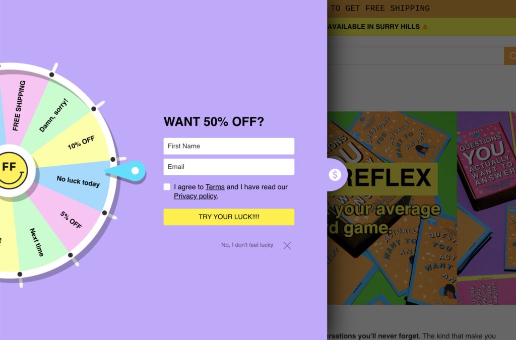 A screenshot of Flex Factory Store with a "try your luck" spinner pop up to try and win 50% off