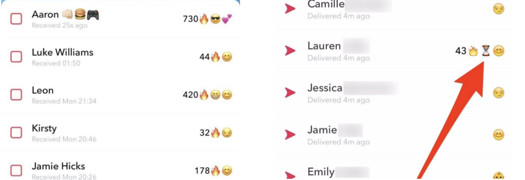 Snapchat chat page screenshots, showing snapchat streaks and streaks running out.