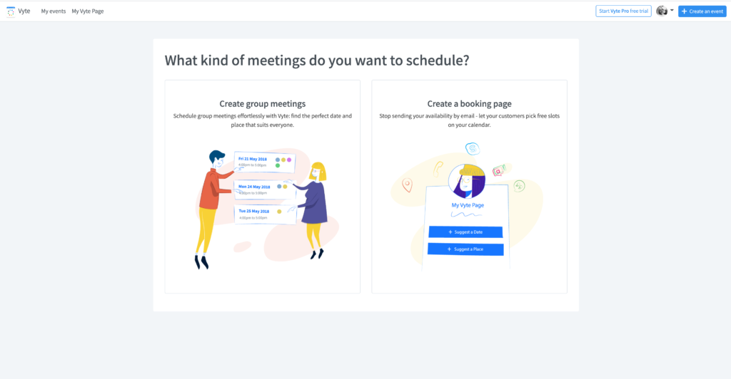 Part of Vyte's onboarding process - where users are asked if they want to schedule group meeting or booking pages