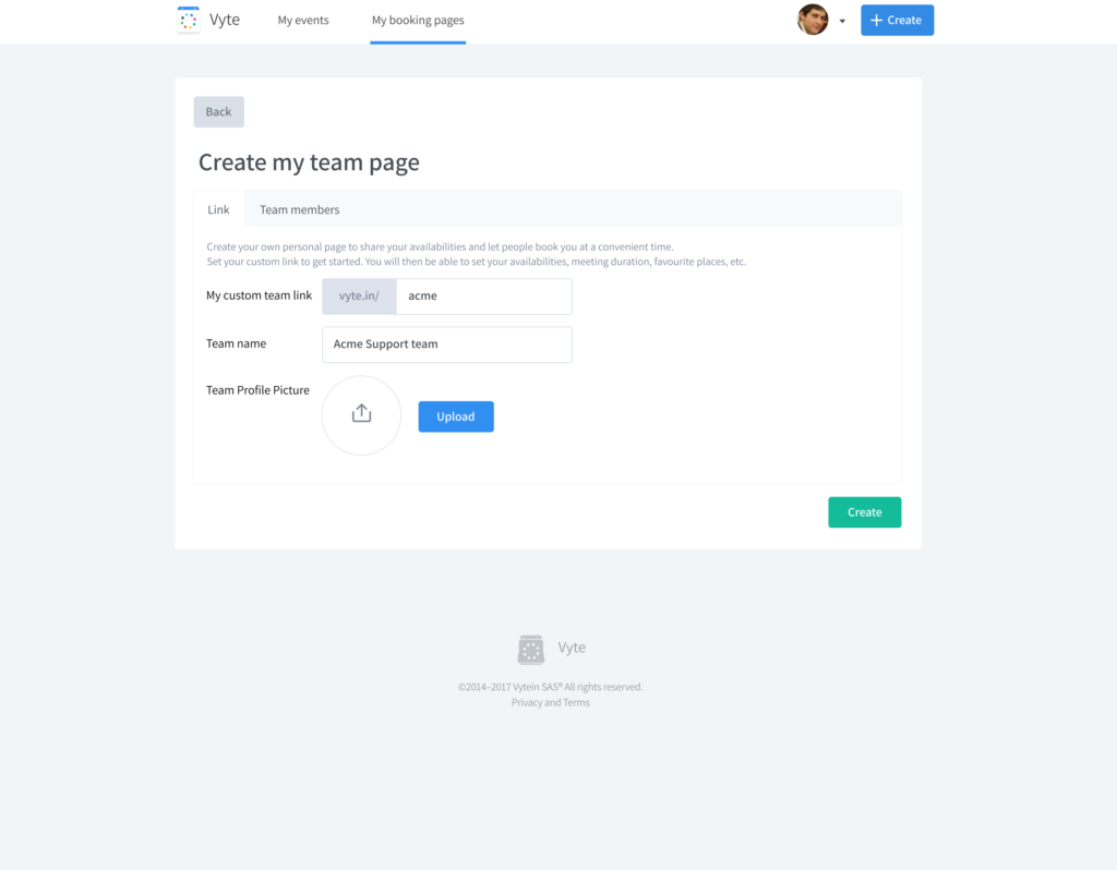 Custom create team. page inside Vyte