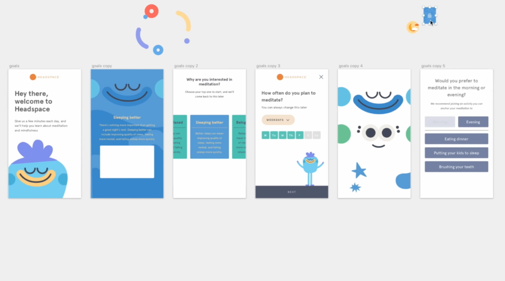 Some headspace work in progress mockup screens for onboarding