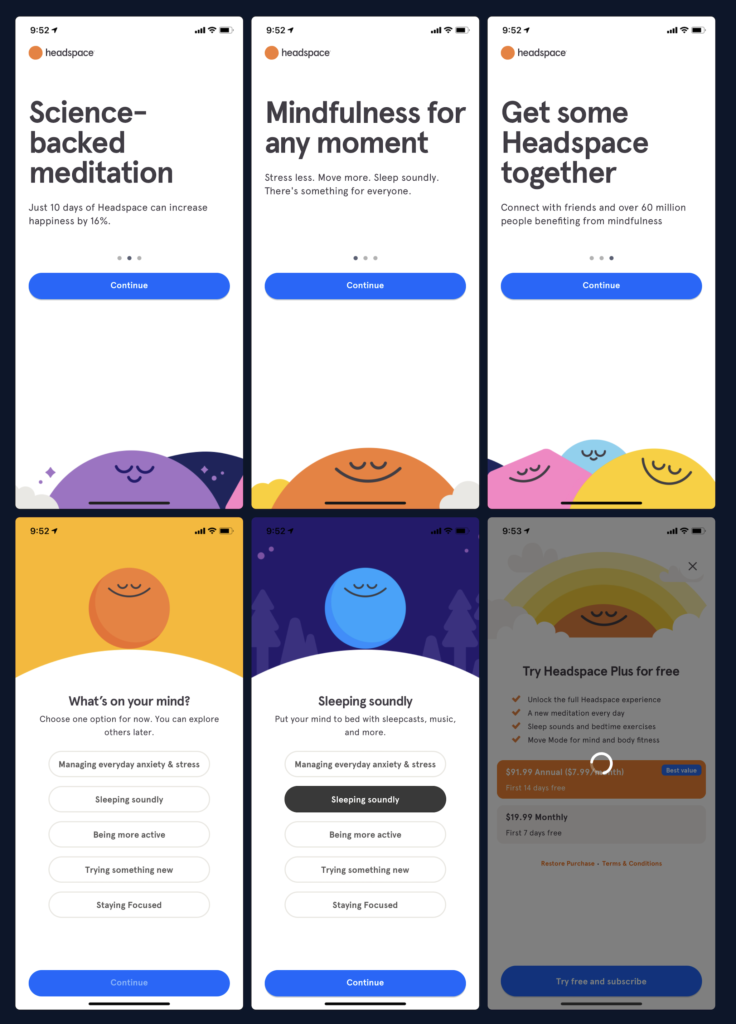 Screenshots of Headspace's onboarding process today.