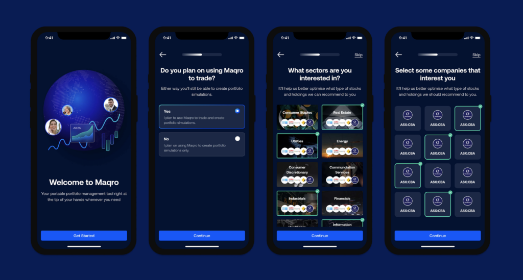 Maqro's onboarding, asking:
- Whether they plan to trade on the platform
- What sectors they are interested in
- What companies are of interest to them