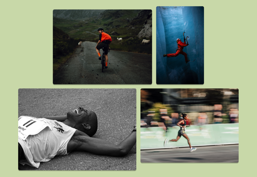 Four images from the 2021 photo competition.
1. A person bike riding up the road with the sheep in overcast weather
2. A person climbing through a glacier
3. A person lying on the ground exhausted after a run
4. An action shot of a person mid run with the background completely blurred due to the speed