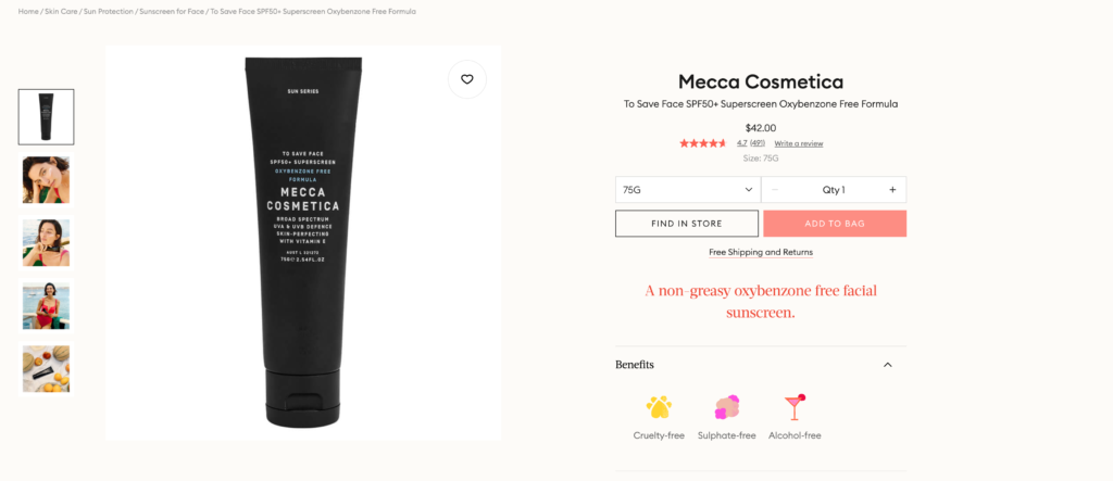 Product page from Mecca Cosmetica. Product is Mecca's home brand To Save Face SPF50+ Superscreen.