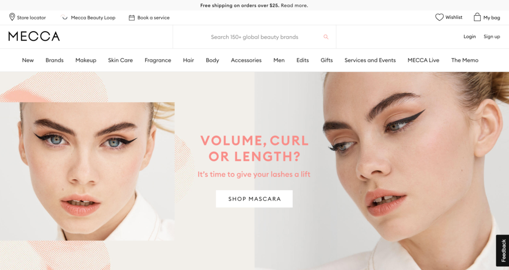Home page of MECCA Cosmetica's website. A collage of a lady is on the page, wearing mascara and heavy eyeliner. The text over the image reads "Volume, length or curl?" It's time to give your lashes a lift. Then, there is a button saying "Shop mascara"