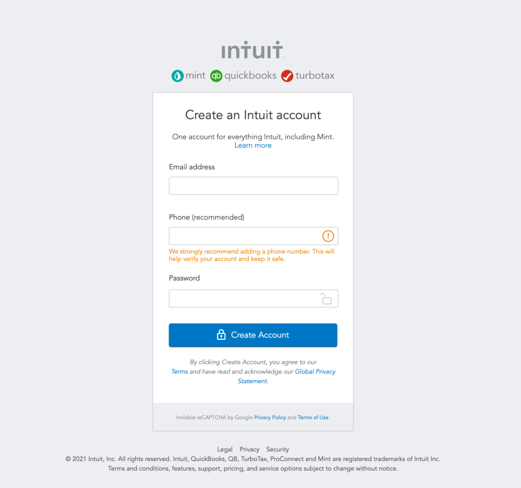 A simple sign in page for Intuit's platform Mint, where the user is encouraged to Create an Intuit Account