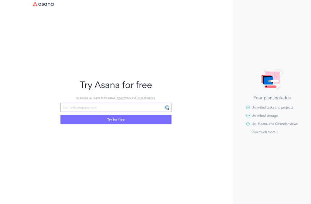 Asana's sign up page, where it encourages the user to 'try asana for free' with features and benefits displayed