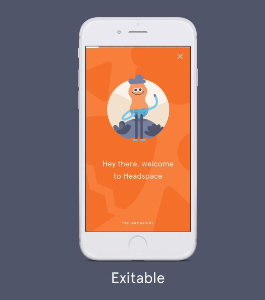 Welcoming mockup screen "Hey there, welcome to headspace" "Tap anywhere"