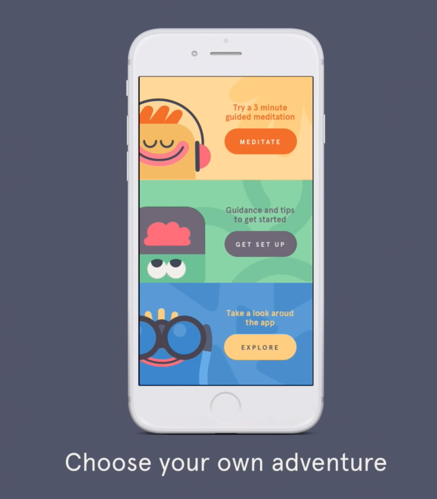 Onboarding mockup screen - "Choose your own adventure" - 3 options for users to select