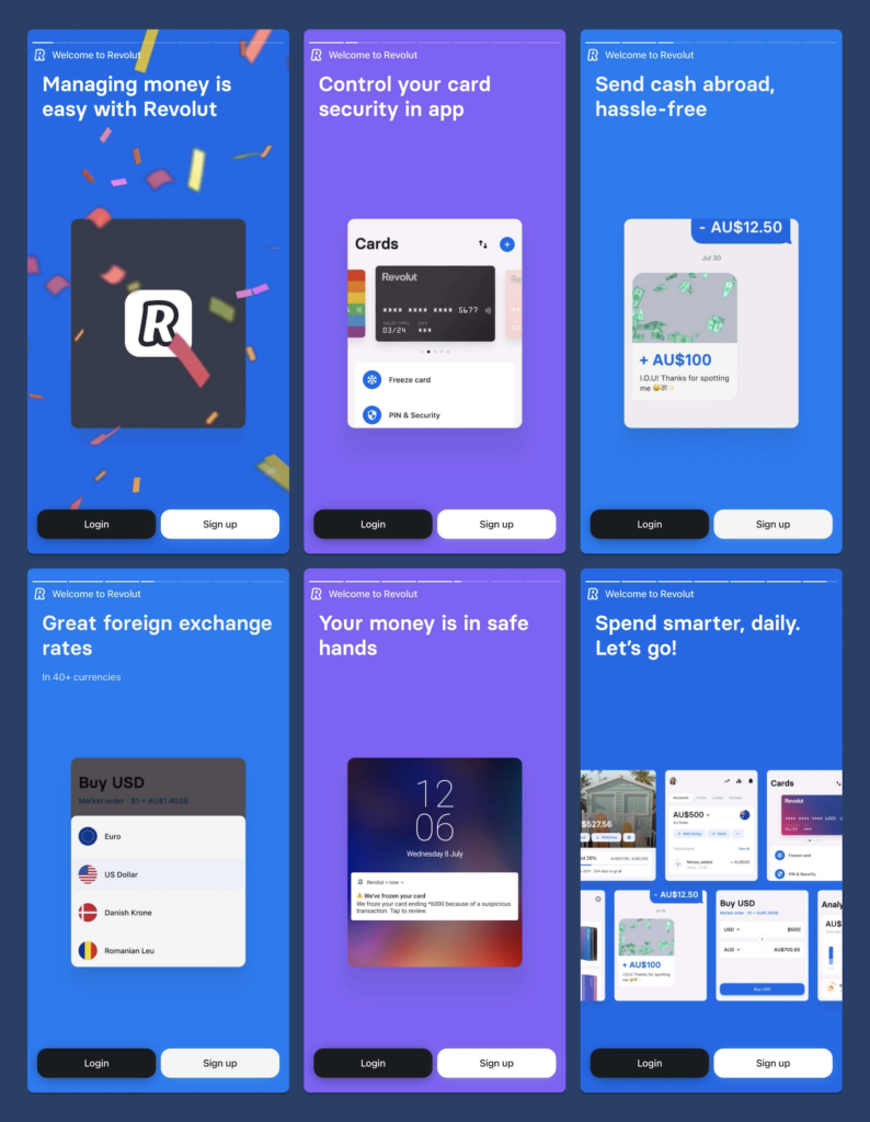 6 slides of Revolut app's features page:
- Managing money is easy with Revolut
- Control your card security in app
- Send cash abroad, hassle-free
- Great foreign exchange rates
- Your money is in safe hands
- Spend smarter, daily. Let's go!