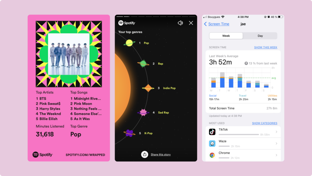 Screenshots of Spotify wrapped and Screentime from Apple device. 