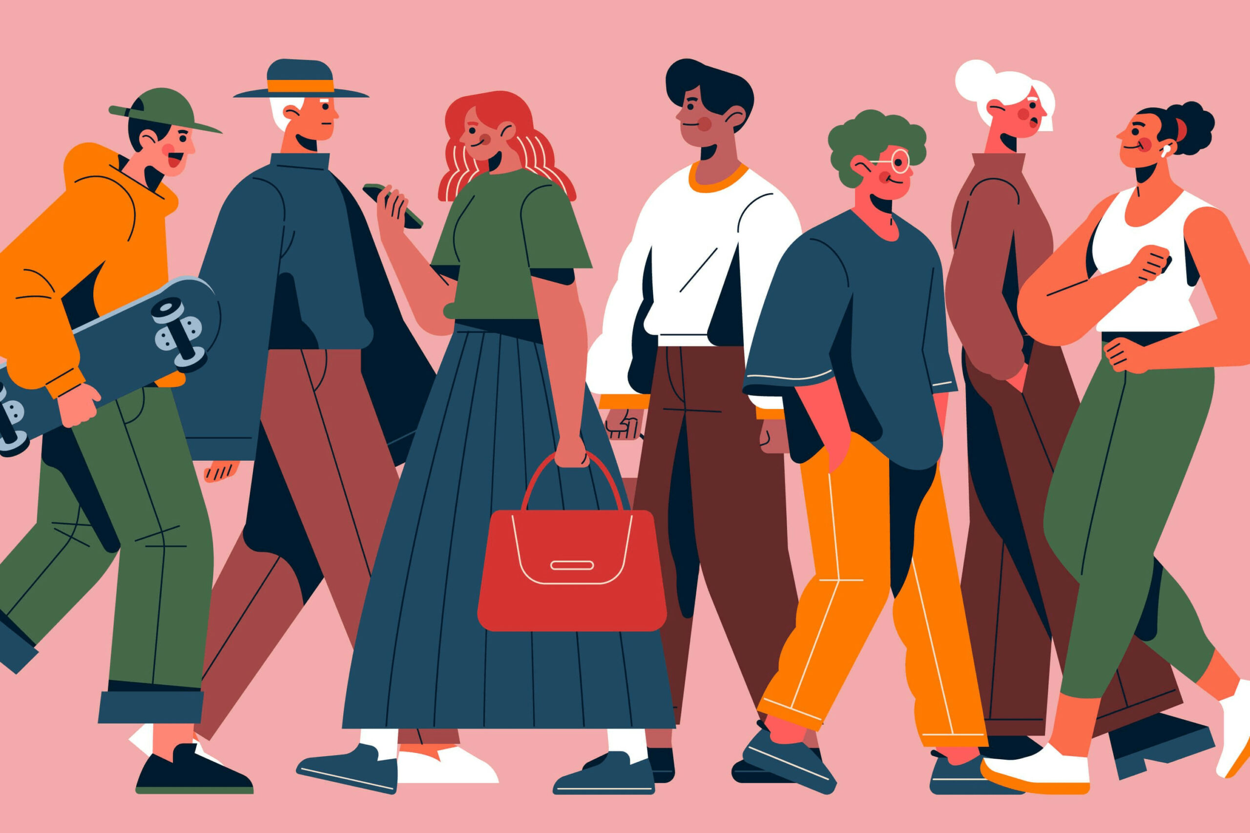 Vector illustration of an array of characters walking, some with handbags and skateboards and hones