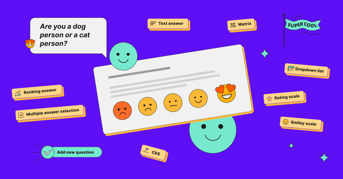 Illustration of a survey, with a range of smiley faces