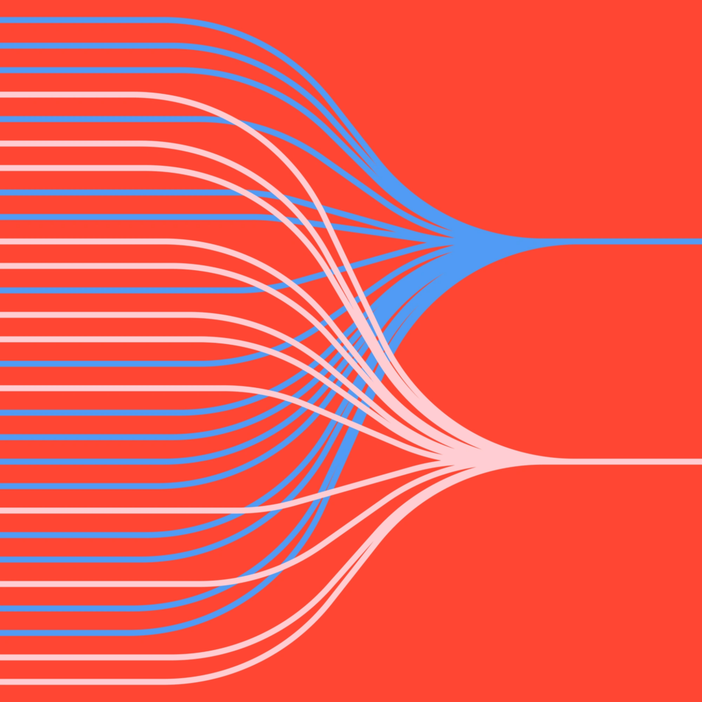 A vibrant illustration of multiple lines joining into two.